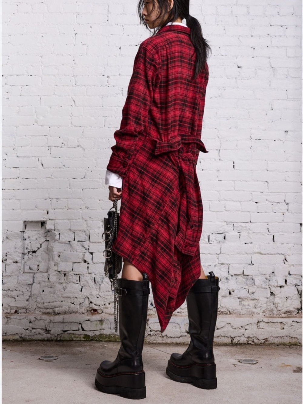 R13 Tie Waist Midi Shirt Dress - Red/Black Plaid Size XS